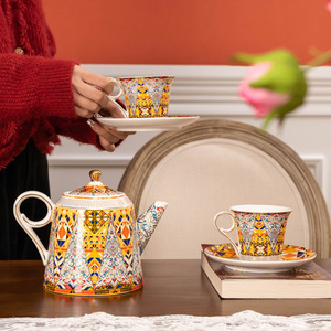 Ceramic <b>Tea</b> <b>Set</b> - Mediterranean Geometric Teapot with Cups and Saucers - Product Image 1