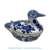 RXAE-FL23-426 Figurine de canard en céramique Art Déco, pot de rangement bleu et blanc, ornements animaux pour la décoration de la maison