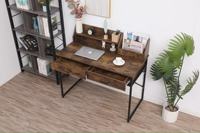 Bureau d'écriture industriel en bois brun rustique avec étagère de rangement pour ordinateur, 2 tiroirs, structure métallique, portable, pour bureau à domicile ou étude