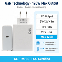 Charger USB C GaN 120W Tipe-C PD 3.0 Adaptor Pengisian Cepat Satu Port 20V 6A untuk Laptop Tablet Ponsel CE RoHS