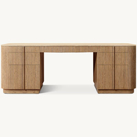 Bureau de direction élégant et moderne avec plateau en marbre foncé, bois cannelé, 4 tiroirs, coins arrondis et base sur socle pour bureau à domicile, personnalisable OEM
