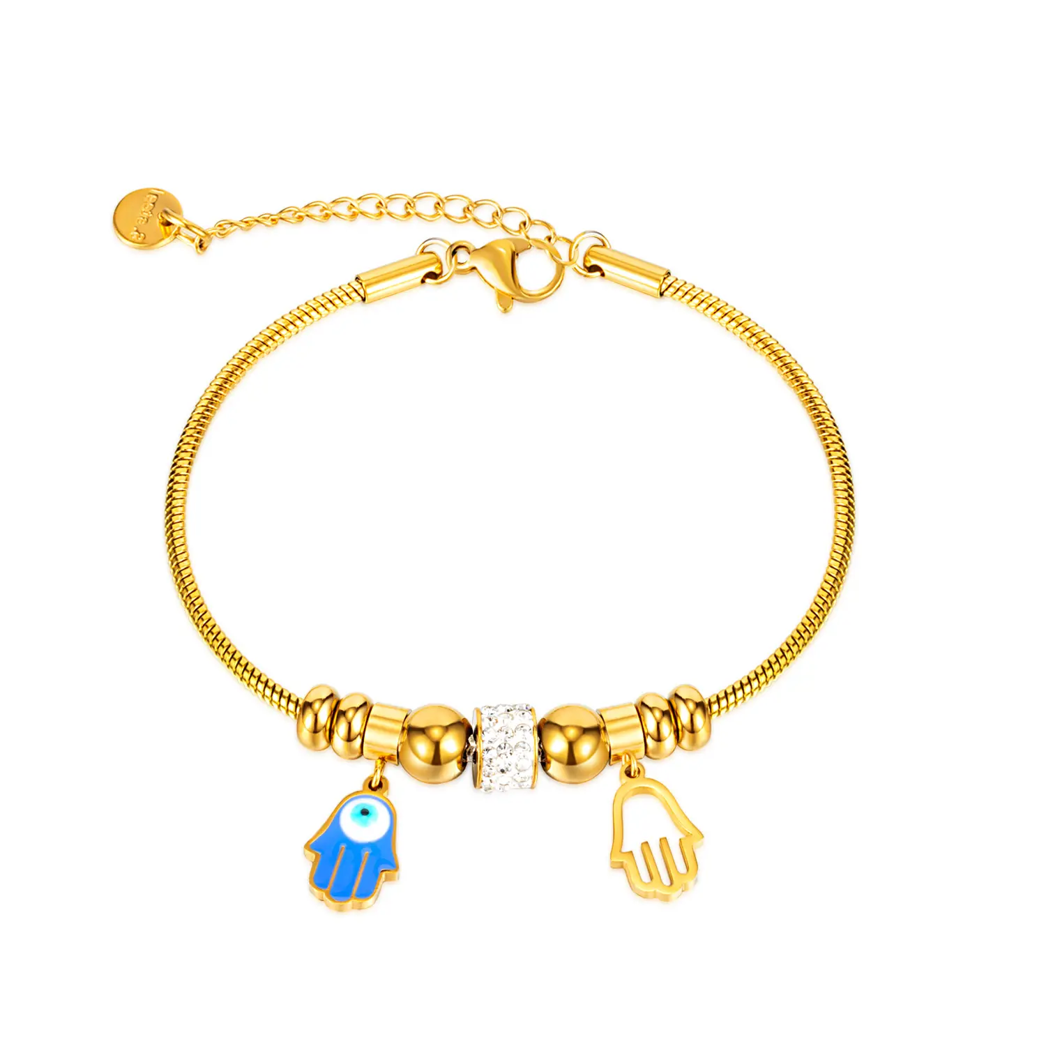 Custom Stainless Steel Charming Hand Blue Eye Pendants Gold Cubic Zirconia Adjustable Snake Link Chain Women Girl Bracelets