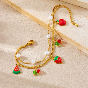 Fruit Pendant Stainless Steel Necklace And <b>Bracelet</b> <b>Set</b> For Women Party Jewelry With Apple Strawberry Watermelon Design - Product Image 3