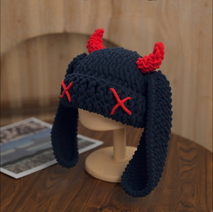 Purely Handmade Cute Little <strong>Devil</strong> <strong>Horn</strong> Hood Big Rabbit Ears Warm Knitted Hat for Neutral Sweet Cool Winter-for Beach Scenes - Product Image 6