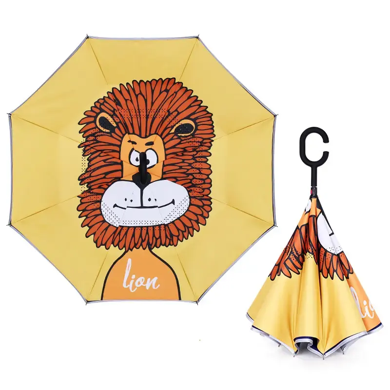 Schattige Cartoon Patroon Omgekeerde Paraplu Hot Selling Dubbele Laag Omgekeerde Paraplu Met C Handvat Voor Kinderen