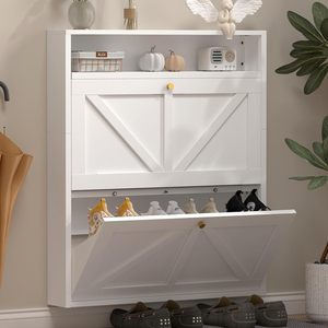 Scarpiera Durevole Autoportante per Soggiorno, Stile Rustico Antico, con 2 Cassetti a Ribalta e Vano Aperto, Sottile e Stretta - Product Image 1