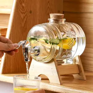 热大容量透明玻璃药酒桶果汁饮料瓶密封酿造罐带水龙头竹座