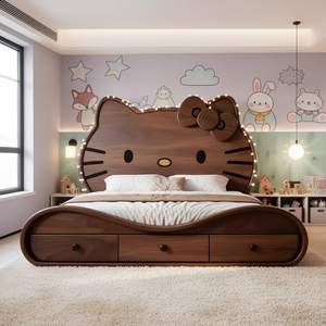Nueva Cama Extensible de Madera Maciza de Nogal Chino con Diseño Hello <span class=keywords><strong>Kitty</strong></span>, Moderna y Sencilla, Cama Doble para Apartamentos Pequeños, Estilo de Dibujos Animados - Product Image 4