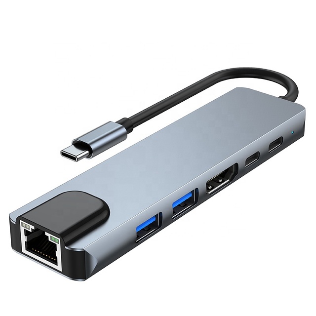 High Quality Type-C Hub 6 in 1 Dock Station with 4K HDTV PD USB3.0 RJ45 USB Hub 3.0 for PC Computer Accessories in Stock