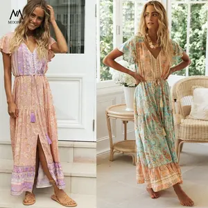 MXN 956 moda zarif kadın elbise, yeni Boho resort rahat elbise, çiçek tek göğüslü yaz plaj elbise