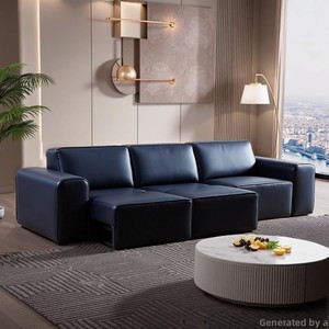 Sofá de cama retráctil eléctrico de cuero de vaca Negro Grande Normcore italiano, juego de sala de estar con función de sofá de bloque de tofu recto - Product Image 2