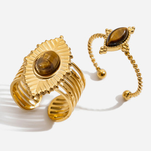 Fashion <b>Rings</b> Gold Tone Tiger Eye <b>Open</b> <b>Ring</b> Geometric Flower Shape Unisex Jewelry - Product Image 1