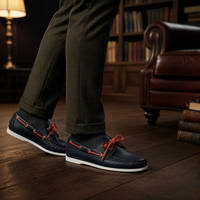 Mocassins de bateau pour hommes en cuir véritable huilé bleu marine, personnalisables avec logo, cousus main, style slip-on, pour la navigation, vente en gros