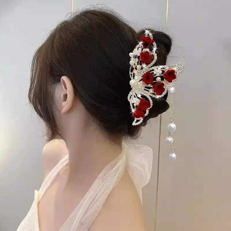 Moda Metal boda Lily Valley borla Clip estilo chino nueva Alta Calidad pinza de pelo lujo rojo Clip nupcial accesorios para el cabello