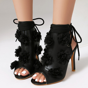 Women Back Lace Up Shoes Flower Ornaments High Heels Summer High Top Large Size 48 Wide Fit Peep Toe <b>Sandals</b> - Product Image 2