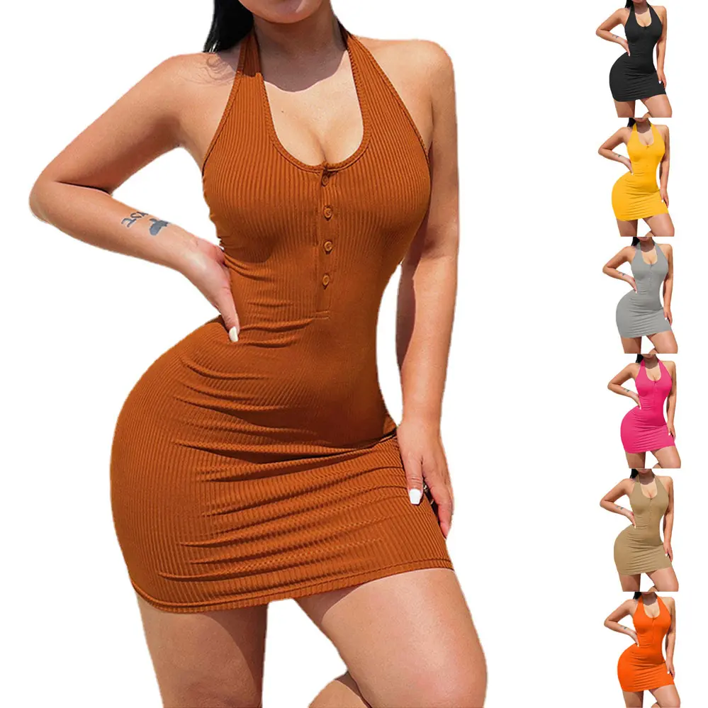 Custom 2023 Sexy Woman Halter Neck Wrapped Ribbed Mini Elegant Bodycon Dresses for Women
