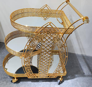 뜨거운 판매 속이 빈 다이닝 트롤리 웨딩 장식 꽃꽂이 이동 트롤리 유리 탑 골드 메탈 와인 티 트롤리 - Product Image 3