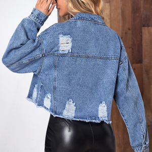Veste en jean courte en denim déchirée en détresse pour femmes en gros - Product Image 3