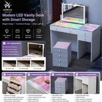 Table de toilette moderne blanche avec bande lumineuse LED RGB, plateau en verre, 5 tiroirs, bureau de maquillage avec miroir éclairé, ensemble de chambre à coucher avec tabouret