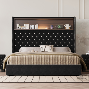 Modern <b>Queen</b> <b>Size</b> Adjustable Velvet Tufted Storage <b>Bed</b> Frame with USB Port and Night Light 52'' High Headboard Rivet Decoration - Product Image 2