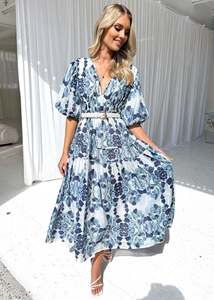 Vestido estampado <span class=keywords><strong>de</strong></span> vacaciones para mujer, escote en V profundo, elegante, Manga corta acampanada, cintura alta, vestido acampanado, bata <span class=keywords><strong>de</strong></span> fiesta colorida para mujer - Product Image 4