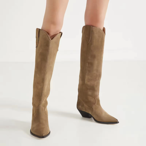 Bottes de cow-boy pour femmes de haute qualité, décontractées, formelles, à enfiler, à large barillet, en daim, à bout pointu, épaisses, hautes jusqu'au genou - Product Image 1