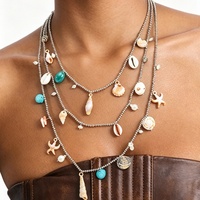Lot de 4 colliers superposés style océan, pendentif coquillage, collier bohème perlé coloré, collier ras-du-cou fleuri, bijoux de plage