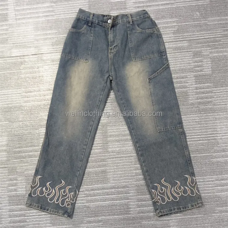 Custom denim pants trousers bottom patch work washed fire embroidery jeans for men