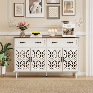 Vintage Sideboard Buffet Cabinet Hand Carved Geometric Doors 2 <b>Drawers</b> Light Wood Finish Contrast Design - Product Image 1