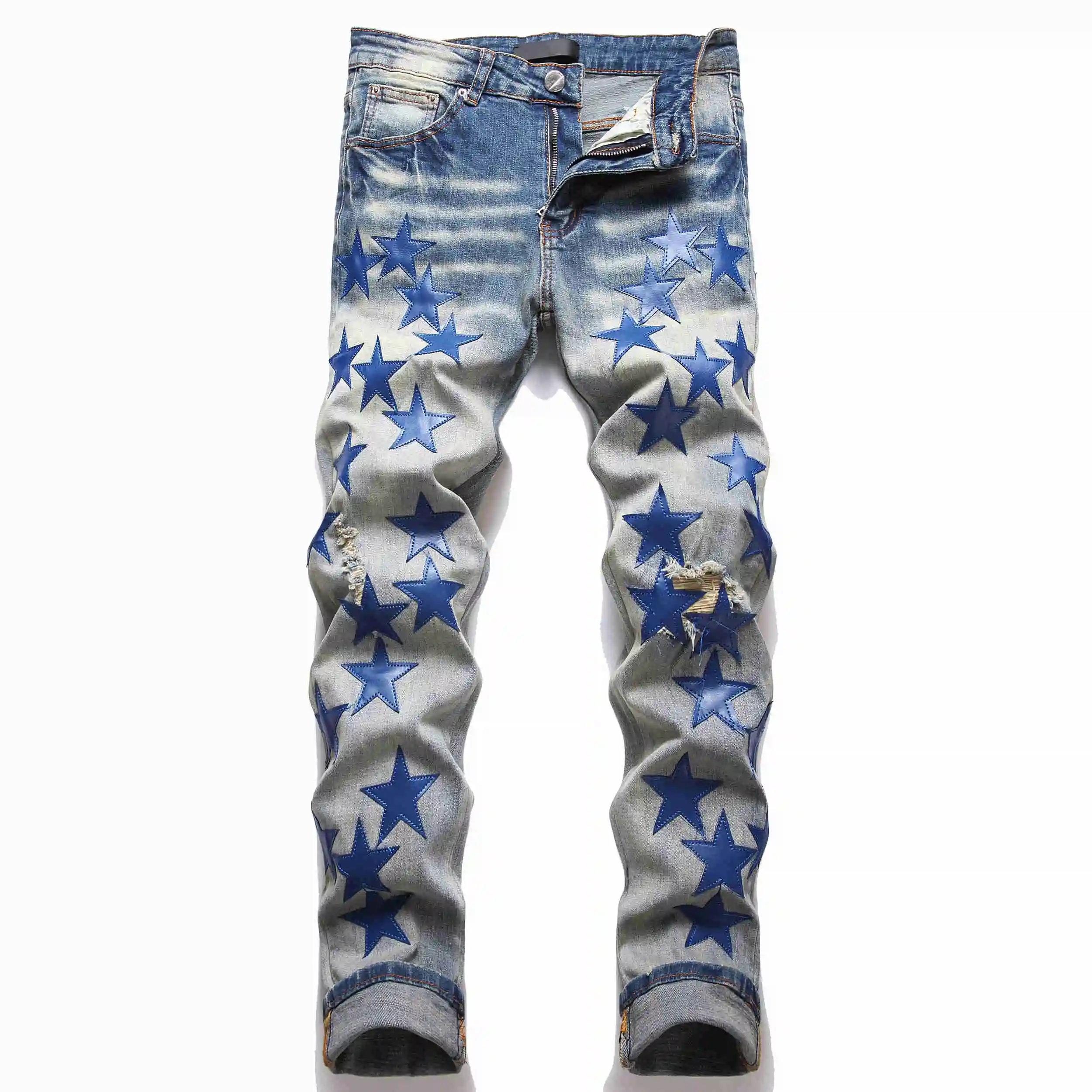High quality High Street American Jeans Men's Blue Star Patchwork Decoration Blue Loose Straight Pants Jeans
