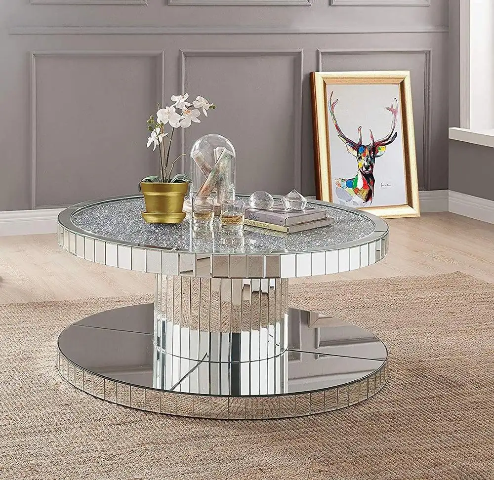 Miroir de luxe brillant, meuble rond flottant en diamant écrasé, table basse pour salon