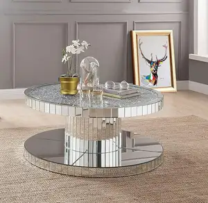 Shining luxury mirror furniture round floating crush diamond coffee table for living room