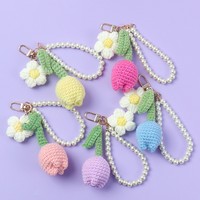 Porte-clés fleur de tulipe en peluche tissée à la main, écologique, avec perles, bracelet perlé, joli breloque de sac tricoté en forme de marguerite pour femmes et filles, cadeau