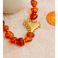 JINYOU 1757 Acrylic Resin Amber Heart Beads Necklace Stainless Steel Plated Gold Large Heart Necklace for Sweater Chain