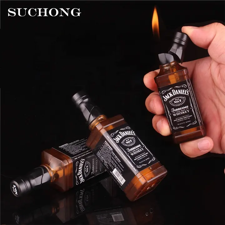 Custom Jack Daniels Open Flame GAS Refillable Unique Personal Wine Whiskey Bottle Lighter Wholesale With Windproof