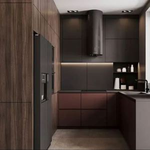Armoires de cuisine en bois modulaires avec finition laquée noire mate, îlot en pierre de quartz, design australien - Product Image 6