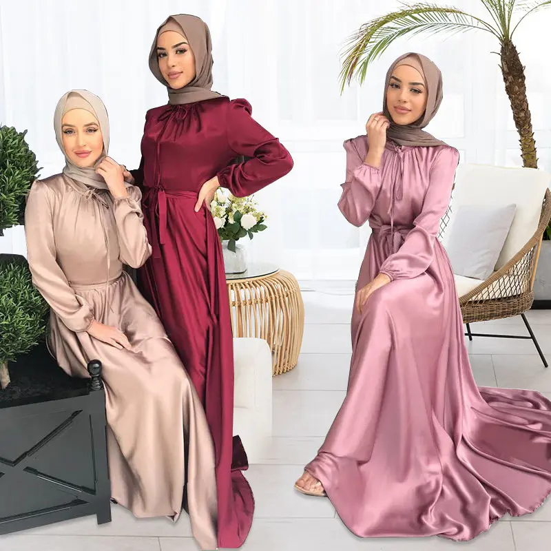 2044 Dubai Middle East Muslim Women Satin Long Length Dress Abaya Robes Big Hem With Sash