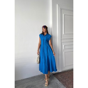 Vestido de Lino Jacquard de Talla Grande para Mujer con Abertura Frontal y Bolsillos-Saks - Product Image 6