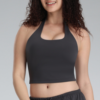Sujetador deportivo transpirable de alto soporte para mujer, con cuello en U, tela supersuave de elastano y nailon, logo frontal, ideal para yoga y running al aire libre.