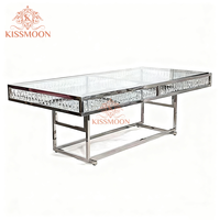 Grande table de mariage rectangulaire de luxe pour hôtel, cadre en acier inoxydable doré, plateau en cristal moderne, table de mariage pour événements