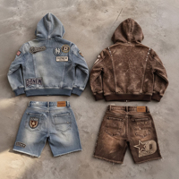 Ensemble sweat à capuche zippé en molleton français et short déchiré pour homme, broderie patchwork, streetwear délavé, logo personnalisé, OEM ODM, vente en gros
