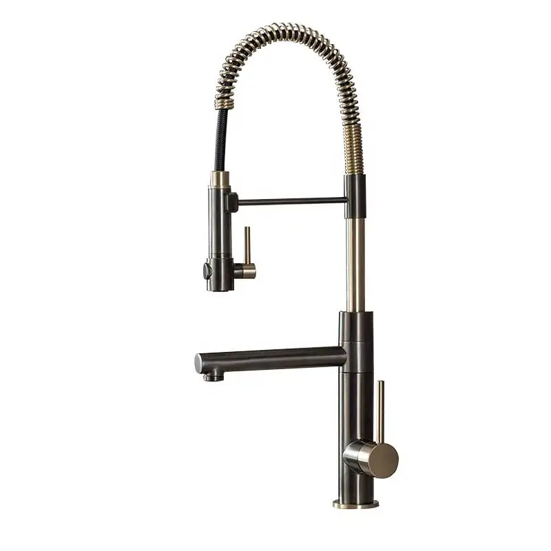 Black Gold Solid Brass 2 Function Commercial Style Pre-Rinse Kitchen Faucet with Pull-Down Spring Spout and Pot Filler