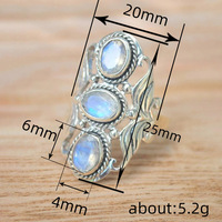 Kadınlar için Üç Oval Kabaşon Çiçekli Yüzük, 5mm, Beyaz Altın Kaplama Alaşım Vintage Tasarım, Beyaz Altın