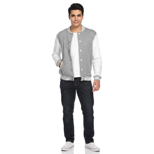 Mens Grey White Varsity Jacket Stand Contrast Sleeves Solid Cuffs Hem <b>Covered</b> <b>Button</b> Front Casual Outerwear Waterproof - Product Image 1