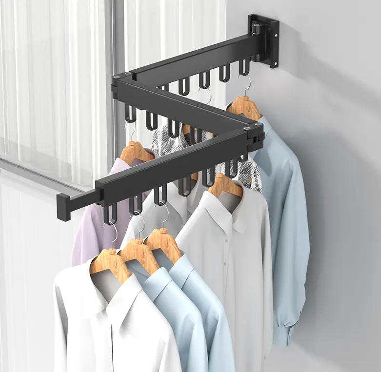 Space Aluminium Alloy 3 Tier Wall Mounted Stand Clothes Rack Laundry Foldable Retractable Ceiling Hanging Clothes Drying Rack