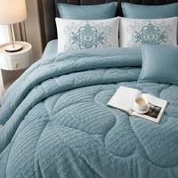 Ensemble de couette moderne de luxe à motif grec en relief, couleur vert sarcelle uni, 100% microfibre de polyester, léger, pour l'été, anti-plis