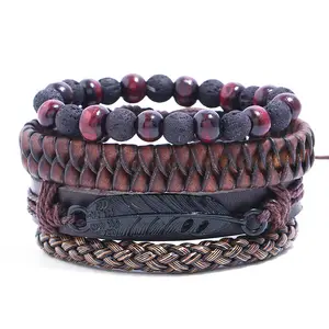 Skerwal Jewelry 4Pcs Mens Bracelet Set Lava Beads Black Feather Leather Stranded Multilayer Braided Rope Adjustable Bracelet Set