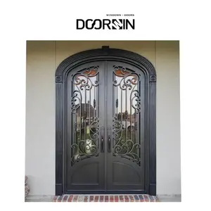 Cheap Security Exterior Front Double Entry Black Front Entrance Wrought Solid Iron Glass Door For House