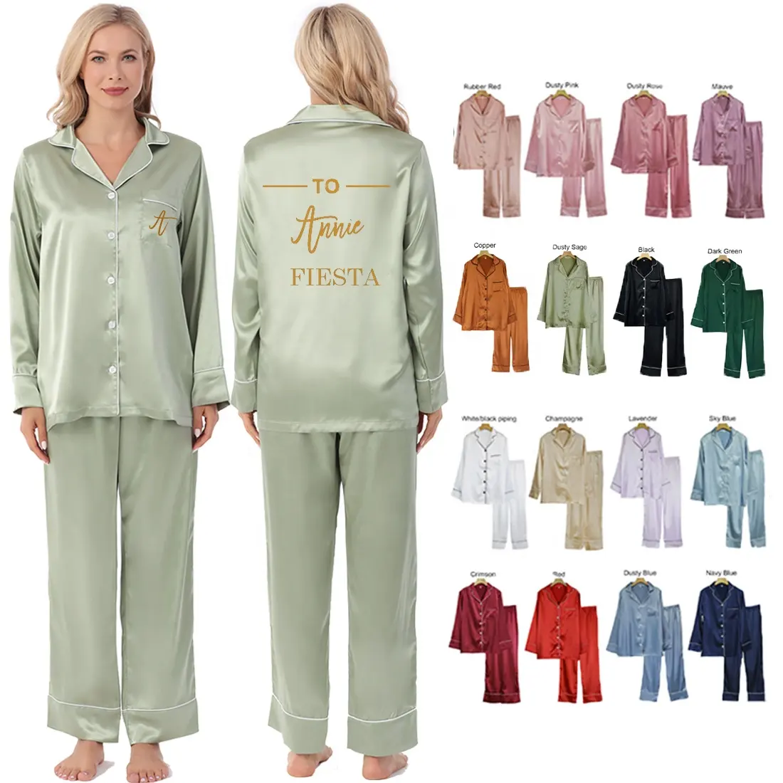Nakış marka logosu pijama lüks ipek OEM özel tasarım kadınlar gelin parti pijama saten pijama setleri