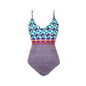 Costume da bagno intero HDJ taglie forti con controllo pancia, scollo a V, stampa geometrica, vita alta, da donna, taglie 42-48 - Product Image 2